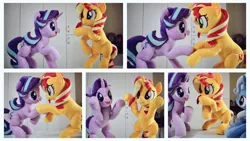 Size: 1024x576 | Tagged: safe, artist:nekokevin, derpibooru import, starlight glimmer, sunset shimmer, trixie, pony, unicorn, series:nekokevin's glimmy, bipedal, female, hooves in air, irl, looking at each other, magical trio, mare, open mouth, photo, plushie, raised hoof, smiling, underhoof