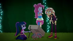 Size: 1915x1080 | Tagged: safe, derpibooru import, screencap, pinkie pie, sci-twi, sunset shimmer, twilight sparkle, equestria girls, equestria girls series, sunset's backstage pass!, spoiler:eqg series (season 2), boots, box, candy, cardboard box, clothes, eating, female, food, glasses, maze, neon garden maze, ponytail, shoes, trap (device), trio, trio female