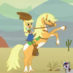 Size: 4000x4000 | Tagged: safe, artist:intelmax89, derpibooru import, applejack, horse, equestria girls, absurd resolution, beautiful, belt, blaze (coat marking), boots, cactus, clothes, coat markings, cowboy boots, cowboy hat, cowgirl, cute, denim skirt, desert, female, freckles, green eyes, hat, humans riding horses, jackabetes, riding, self ponidox, shoes, skirt, socks (coat marking), solo, stetson, unshorn fetlocks, vest, watermark, woman, yellow hair