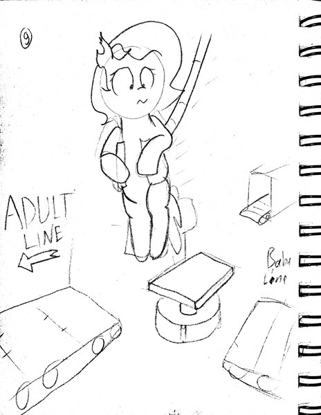 Size: 2870x3714 | Tagged: safe, artist:rusticanon, derpibooru import, oc, oc:dizzy cream, unofficial characters only, bat pony, pony, wingless bat pony, comic:dizzy's daycare, abdl, comic, machine, monochrome, sketch, solo, traditional art, wingless