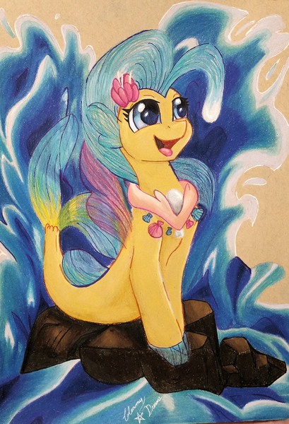 Size: 1498x2197 | Tagged: artist:gleamydreams, derpibooru import, looking in the distance, my little pony: the movie, princess skystar, safe, seapony (g4), seashells, smiling, solo, traditional art, water