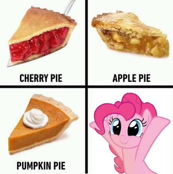 Size: 710x714 | Tagged: safe, derpibooru import, edit, edited screencap, editor:leonidus, screencap, pinkie pie, earth pony, pony, spice up your life, apple, apple pie, cherry pie (food), cute, diapinkes, food, funny, happy, hooves up, looking at you, meme, pie, pumpkin pie, simple background, smiling, solo, text, whipped cream, white background, wordplay