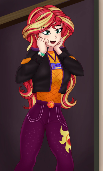 Size: 871x1446 | Tagged: safe, artist:anonix123, derpibooru import, sunset shimmer, human, equestria girls, equestria girls series, how to backstage, spoiler:eqg series (season 2), clothes, cutie mark, cutie mark on clothes, excited, female, pants, solo