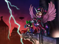 Size: 1600x1211 | Tagged: safe, artist:harwick, derpibooru import, humdrum, masked matter-horn, spike, twilight sparkle, twilight sparkle (alicorn), alicorn, dragon, pony, power ponies (episode), airship, city, clothes, cute, description at source, duo, female, lightning, male, maretropolis, power ponies, rearing, skyscraper, spikabetes, spread wings, wings