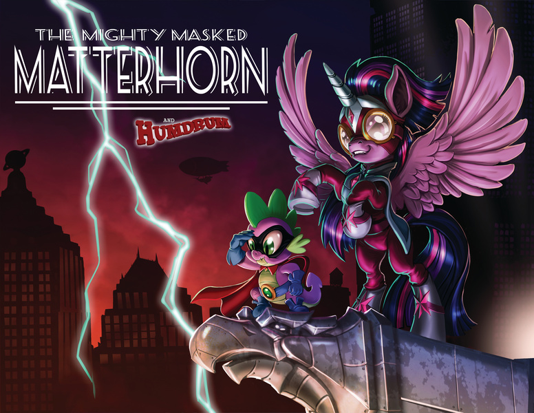 Size: 3300x2550 | Tagged: safe, artist:harwick, derpibooru import, humdrum, masked matter-horn, spike, twilight sparkle, twilight sparkle (alicorn), alicorn, dragon, gargoyle, pony, power ponies (episode), absurd resolution, airship, city, clothes, costume, cute, duo, female, gloves, goggles, lightning, male, maretropolis, mask, pose, power ponies, rearing, skyscraper, spikabetes, spread wings, superhero, wings, zeppelin