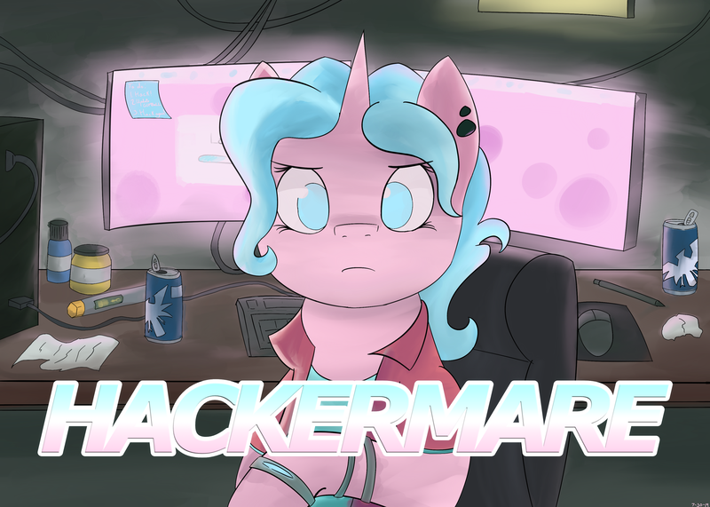 Size: 3500x2500 | Tagged: safe, artist:aezaelia, derpibooru import, oc, oc:candy chip, unofficial characters only, cyborg, pony, unicorn, the sunjackers, computer, cyberpunk, destiny™, female, hacker, hackerman, heliodryl, kung fury, mare, meme, solo