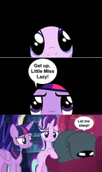 Size: 1280x2160 | Tagged: safe, derpibooru import, edit, edited screencap, screencap, rarity, starlight glimmer, twilight sparkle, twilight sparkle (alicorn), ponified, alicorn, pony, unicorn, it isn't the mane thing about you, comic, couch, female, garfield, library, mare, screencap comic, twilight's castle, twilight's castle library