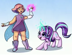 Size: 4096x3114 | Tagged: safe, artist:ohjeetorig, derpibooru import, starlight glimmer, human, pony, unicorn, boots, cape, clothes, commission, crossover, dress, female, glimmer (she-ra), glowing hands, glowing horn, horn, magic, name pun, namesake, official fan art, she-ra, she-ra and the princesses of power, shoes, simple background, telekinesis