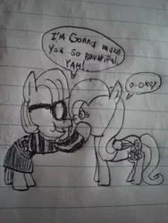 Size: 720x960 | Tagged: safe, artist:logan jones, derpibooru import, fluttershy, photo finish, pony, green isn't your color, drawing, female, lined paper, parody, pen drawing, photo, small eyes, stylistic suck, traditional art