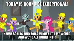 Size: 600x337 | Tagged: safe, derpibooru import, edit, edited screencap, screencap, cheese sandwich, pinkie pie, sans smirk, pony, the last laugh, milo murphy's law, voice actor joke, weird al yankovic