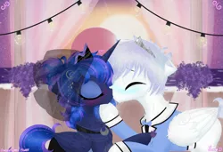 Size: 3982x2722 | Tagged: safe, artist:darkest-lunar-flower, derpibooru import, princess luna, oc, oc:lux(pearle), alien, pony, asexual, beach, bowtie, canon x oc, clothes, crown, dress, eclipse, female, flower, jewelry, kissing, lavender, male, marriage, ocean, regalia, shipping, sky, straight, sweat, tuxedo, veil, water, wedding dress