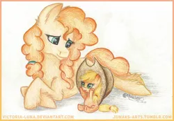 Size: 2264x1584 | Tagged: safe, artist:victoria-luna, derpibooru import, applejack, pear butter, pony, applejack's hat, baby, baby pony, babyjack, colored pencil drawing, cowboy hat, cute, duo, female, foal, hat, jackabetes, mare, mother and child, mother and daughter, traditional art, younger