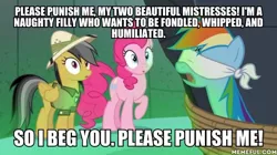 Size: 600x337 | Tagged: suggestive, derpibooru import, edit, edited screencap, screencap, daring do, pinkie pie, rainbow dash, earth pony, pegasus, pony, daring done?, bdsm, blindfold, bondage, caption, hat, image macro, rainbond dash, rope, sadomasochism, text, tied up, trio