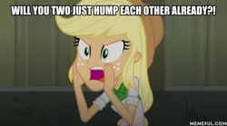 Size: 600x334 | Tagged: suggestive, derpibooru import, edit, edited screencap, screencap, applejack, equestria girls, rainbow rocks, applejack's hat, caption, cowboy hat, female, hat, image macro, implied sex, solo, subtle as a train wreck, text