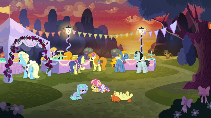 Size: 1920x1080 | Tagged: safe, derpibooru import, screencap, boneless, boneless 2, bruce mane, carrot top, cheese sandwich, cloud kicker, drizzle, eclair créme, golden harvest, indian summer, jangles, kettle corn, lilac ice, masquerade, perfect pace, earth pony, pegasus, pony, unicorn, the last laugh, background pony, bored, butt, cake, cupcake, dessert, discovery family logo, female, filly, foal, food, lamp, lamppost, male, mare, party, plot, punch (drink), punch bowl, stallion, sunset, technically an upskirt shot, tent, the master, the pony with no name