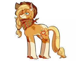 Size: 1870x1502 | Tagged: safe, artist:corporalvortex, derpibooru import, part of a set, applejack, earth pony, pony, leak, spoiler:g5, alternate cutie mark, alternate design, alternate hairstyle, applejack (g5), applejack's hat, braid, clothes, coat markings, colored hooves, cowboy hat, cute, ear fluff, female, g5, hat, jackabetes, mare, masculine mare, redesign, scarf, simple background, smiling, socks, socks (coat marking), solo, standing, straw in mouth, unshorn fetlocks, white background