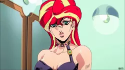 Size: 1280x720 | Tagged: safe, artist:rostimen, derpibooru import, edit, sunset shimmer, equestria girls, golden wind, jojo's bizarre adventure, trish una