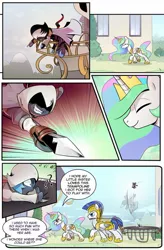 Size: 725x1103 | Tagged: safe, artist:candyclumsy, derpibooru import, nightmare moon, princess celestia, princess luna, alicorn, pegasus, pony, comic:attempted sorroricide, assassin's creed, attempted murder, cewestia, comic, dagger, fail, female, filly, nightmare woon, royal guard, trampoline, weapon, woona, younger