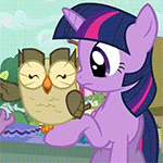 Size: 150x150 | Tagged: safe, derpibooru import, screencap, owlowiscious, twilight sparkle, bird, owl, pony, unicorn, owl's well that ends well, animated, cute, gif, gif for breezies, picture for breezies