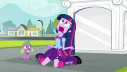 Size: 1920x1080 | Tagged: safe, derpibooru import, screencap, spike, twilight sparkle, dog, equestria girls, equestria girls (movie), exploitable meme, female, horrified, it begins, male, meme, meme origin, screaming, spike the dog, statue, twilight's human reaction, twiscream, wondercolt statue