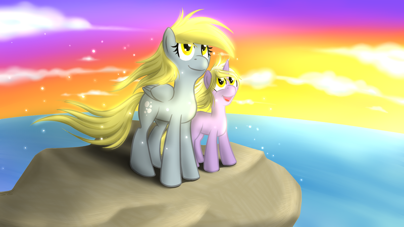 Size: 1920x1080 | Tagged: dead source, safe, artist:shinmera, derpibooru import, derpy hooves, dinky hooves, pegasus, pony, unicorn, cliff, cute, dinkabetes, equestria's best mother, female, filly, looking up, mare, mother and child, mother and daughter, ocean, smiling, sparkles, sunrise, underp, windswept mane