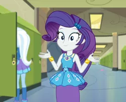 Size: 1338x1080 | Tagged: safe, derpibooru import, screencap, rarity, trixie, equestria girls, equestria girls series, sock it to me, spoiler:choose your own ending (season 2), spoiler:eqg series (season 2), bracelet, canterlot high, cropped, geode of shielding, hallway, jewelry, legs, lockers, looking at you, magical geodes, smiling