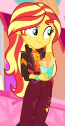 Size: 436x839 | Tagged: safe, derpibooru import, screencap, sunset shimmer, equestria girls, equestria girls series, sunset's backstage pass!, spoiler:eqg series (season 2), churros, cropped, cute, food, shimmerbetes, solo