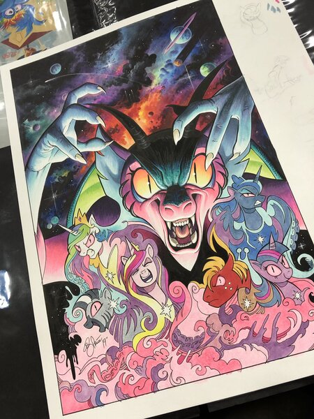 Size: 1536x2048 | Tagged: artist:andypriceart, artist:katiecandraw, big macintosh, cloud, comic, cosmos (character), derpibooru import, evil laugh, idw, laughing, painting, pink, possessed, princess cadance, princess celestia, princess luna, rainbow dash, safe, twilight sparkle