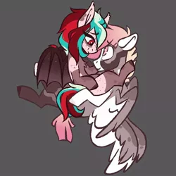 Size: 800x800 | Tagged: safe, artist:crimmharmony, derpibooru import, oc, oc:bloodstone, oc:dazzle streak, bat pony, pegasus, pony, bat pony oc, bat wings, bedroom eyes, blaze (coat marking), body freckles, coat markings, colored wings, couple, double wings, ear freckles, ear tufts, female, freckles, gray background, looking at each other, male, mare, multicolored hair, multicolored wings, multiple wings, simple background, sitting, sitting on lap, socks (coat marking), spread wings, stallion, straight, wing freckles, wings