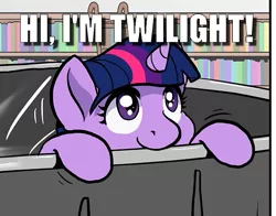 Size: 625x489 | Tagged: safe, artist:muffinshire, derpibooru import, edit, twilight sparkle, pony, unicorn, comic:twilight's first day, bookshelf, caption, cropped, cute, female, filly, filly twilight sparkle, hi, image macro, library, solo, text, twiabetes, younger