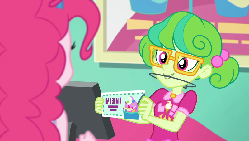 Size: 1910x1080 | Tagged: safe, derpibooru import, screencap, pinkie pie, stella sprinkles, equestria girls, equestria girls series, tip toppings, spoiler:choose your own ending (season 2), spoiler:eqg series (season 2), adorkable, background human, braces, cash register, cashier, coupon, cute, dork, female, glasses, orthodontic headgear, written equestrian