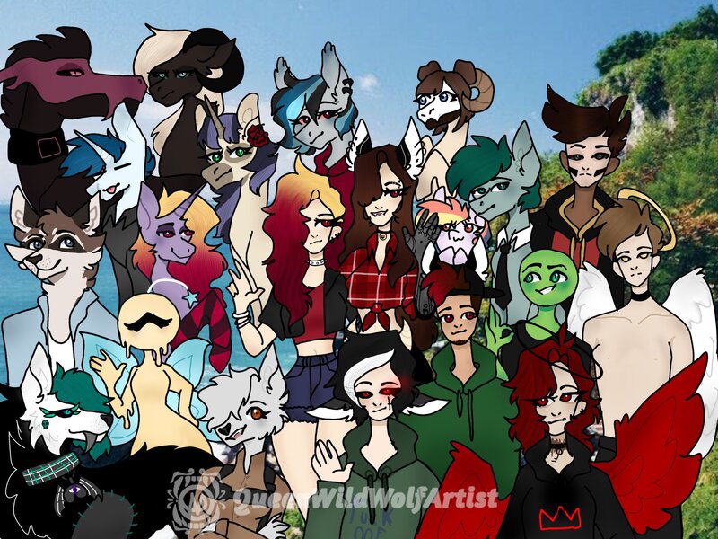 Size: 2048x1536 | Tagged: safe, artist:queenwildwolf, derpibooru import, oc, oc:cherry's art, oc:cinder, oc:funky cream, oc:ledai, oc:meatbeat mania, oc:nina, oc:shiva, demon, dragon, human, pony, angel, friends, group