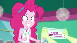 Size: 1280x720 | Tagged: safe, derpibooru import, screencap, pinkie pie, equestria girls, equestria girls series, tip toppings, spoiler:choose your own ending (season 2), spoiler:eqg series (season 2), clothes, coupon, female, geode of sugar bombs, happy, magical geodes, offscreen character, smiling