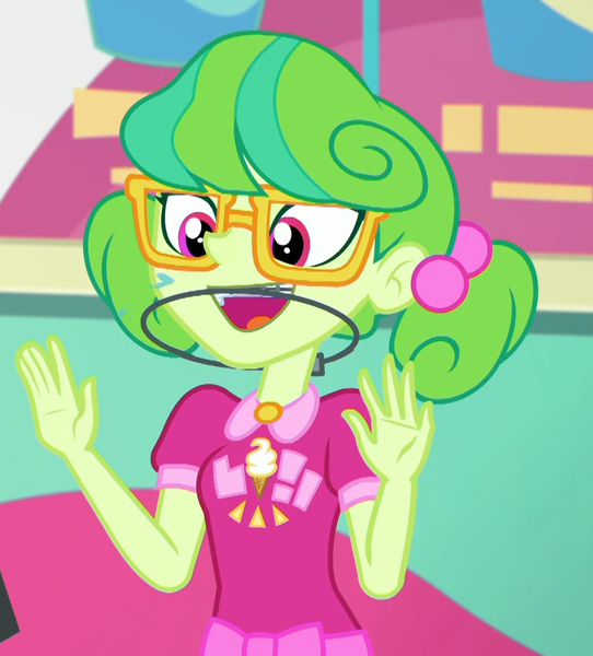 Size: 976x1080 | Tagged: safe, derpibooru import, screencap, stella sprinkles, equestria girls, equestria girls series, tip toppings, spoiler:choose your own ending (season 2), spoiler:eqg series (season 2), adorkable, braces, cashier, cropped, cute, dork, female, glasses, happy, open mouth, orthodontic headgear, smiling, spittle