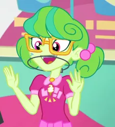 Size: 976x1080 | Tagged: safe, derpibooru import, screencap, stella sprinkles, equestria girls, equestria girls series, tip toppings, spoiler:choose your own ending (season 2), spoiler:eqg series (season 2), adorkable, braces, cashier, cropped, cute, dork, female, glasses, happy, open mouth, orthodontic headgear, smiling, spittle