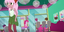 Size: 1280x639 | Tagged: safe, derpibooru import, screencap, ginger owlseye, pinkie pie, raspberry lilac, wiz kid, equestria girls, equestria girls series, tip toppings, spoiler:choose your own ending (season 2), spoiler:eqg series (season 2), background human, clothes, converse, fedora, female, geode of sugar bombs, hat, magical geodes, male, pants, pantyhose, shoes, skirt, sleeveless, store, tanktop