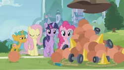 Size: 1366x768 | Tagged: safe, derpibooru import, screencap, fluttershy, pinkie pie, snails, twilight sparkle, twilight sparkle (alicorn), alicorn, pony, 2 4 6 greaaat, ball, cone, dumbbell (object), jump rope, medicine ball, outdoors, rope, school of friendship, traffic cone
