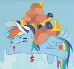 Size: 728x686 | Tagged: safe, derpibooru import, edit, edited screencap, screencap, rainbow dash, pony, 2 4 6 greaaat, ball, cap, cone, cropped, cute, dashabetes, dumbbell (object), excited, flying, hat, lifting, medicine ball, solo, traffic cone, whistle