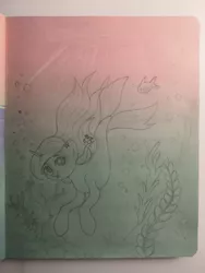 Size: 864x1152 | Tagged: safe, artist:ksupav, derpibooru import, oc, oc:ksupav, fish, mermaid, pony, seapony (g4), unicorn, bubble, rcf community, seaweed, sketch, stone scales, traditional art, water