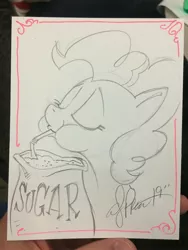 Size: 3024x4032 | Tagged: artist:andypriceart, derpibooru import, diabetes, drinking, drinking straw, food, pinkie pie, safe, simple background, sketch, solo, sugar (food), this will end in diabetes, traditional art