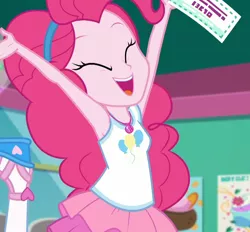 Size: 1166x1080 | Tagged: safe, derpibooru import, screencap, pinkie pie, equestria girls, equestria girls series, tip toppings, spoiler:choose your own ending (season 2), spoiler:eqg series (season 2), armpits, arms in the air, clothes, coupon, cropped, cute, diapinkes, eyes closed, female, geode of sugar bombs, happy, magical geodes, open mouth, shoes, solo