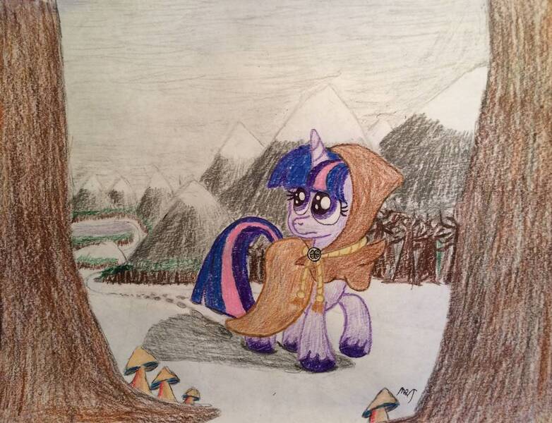 Size: 1020x783 | Tagged: safe, artist:mopar96, derpibooru import, clover the clever, twilight sparkle, pony, unicorn, 2018, cloak, clothes, cloud, cloudy, clover, equestria, female, forest, hearth's warming, hearth's warming eve, mountain, mushroom, snow, solo, traditional art, tree, winter