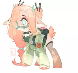 Size: 2577x2409 | Tagged: safe, alternate version, artist:liannell, derpibooru import, oc, oc:kira (deer), unofficial characters only, deer, pony, backpack, badge, bag, bridle, choker, clothes, ear piercing, earring, eyeshadow, female, fishnets, hairpin, jacket, jewelry, lipstick, makeup, piercing, shirt, simple background, solo, spiked choker, t-shirt, tack, white background