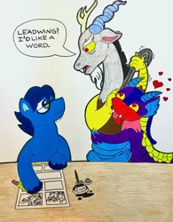 Size: 2898x3719 | Tagged: safe, artist:jamestkelley, derpibooru import, cosmos (character), discord, leadwing, draconequus, earth pony, pony, annoyed, confrontation, crowbar, fourth wall, glasses, heart eyes, ink, love, pencil, simple background, table, traditional art, wingding eyes