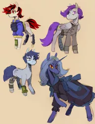 Size: 2105x2731 | Tagged: safe, artist:scarfyace, derpibooru import, oc, oc:blackjack, oc:lacunae, oc:morning glory (project horizons), oc:p-21, alicorn, earth pony, pegasus, pony, unicorn, fallout equestria, fallout equestria: project horizons, fanfic, alicorn oc, armor, artificial alicorn, bandage, blue alicorn (fo:e), clothes, dashite, dress, fanfic art, female, hooves, horn, jacket, male, mare, pipbuck, purple alicorn (fo:e), quartet, raised hoof, security armor, simple background, stallion, tan background, vault security armor, vault suit, wings