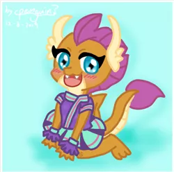 Size: 1038x1030 | Tagged: 2 4 6 greaaat, artist:penguin?, cheerleader, cheerleader outfit, cheerleader smolder, clothes, cute, derpibooru import, dragon, dragoness, female, safe, smiling, smolder, smolderbetes, solo