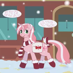 Size: 1280x1280 | Tagged: artist:redintravenous, bag, bow, clothes, derpibooru import, freckles, hearth's warming eve, mittens, oc, oc:red ribbon, saddle bag, safe, scarf, snow, snowfall, solo, speech, talking, tumblr, unofficial characters only, winter coat