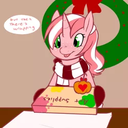 Size: 1000x1000 | Tagged: safe, artist:redintravenous, derpibooru import, oc, oc:red ribbon, unofficial characters only, christmas wreath, clothes, freckles, hearth's warming eve, mittens, present, pumpkin, scarf, tongue out, winter coat, wreath