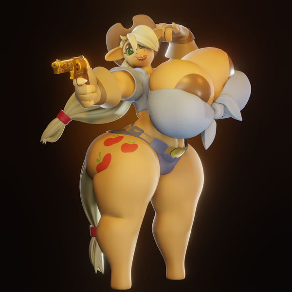 Size: 1920x1920 | Tagged: 3d, abs, anthro, applebucking thighs, applejack, applejack's hat, areola, areola slip, artist:hyperwave9000, belt, big breasts, blender, breasts, busty applejack, cameltoe, clothes, cowboy hat, daisy dukes, dark areola, derpibooru import, female, fence, fingerless gloves, front knot midriff, gloves, gun, handgun, hat, huge areola, huge breasts, impossibly large breasts, impossibly wide hips, looking at you, midriff, nipples, nudity, partial nudity, questionable, revolver, shorts, solo, thighs, thunder thighs, weapon, wide hips