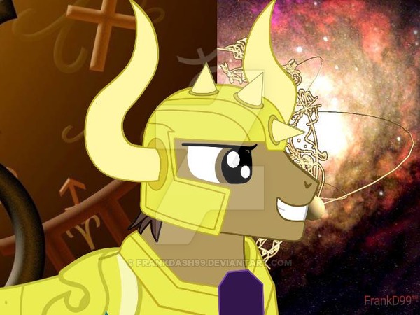 Size: 600x450 | Tagged: safe, artist:frankdash99, derpibooru import, oc, oc:golden knight, oc:shield inv, earth pony, pony, tauros, aldebaran, horns, pokémon, saint seiya, strong, zodiac